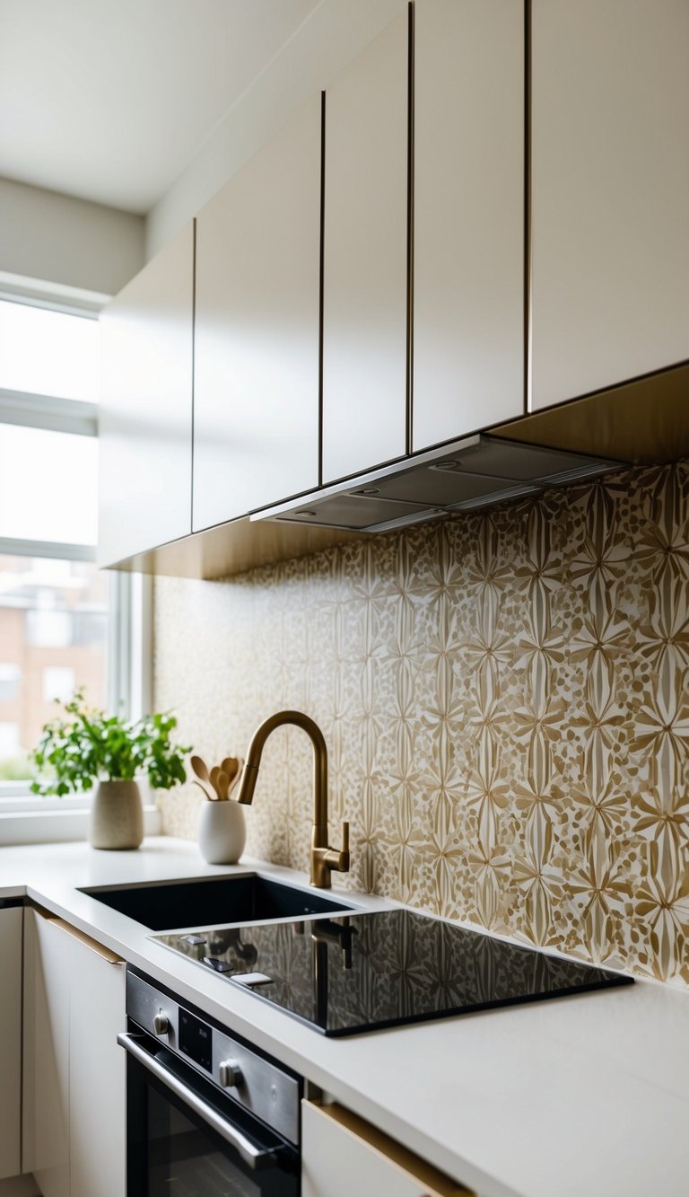 A modern kitchen with a sleek peel-and-stick backsplash in a geometric or floral pattern, adding a pop of color and style to the space