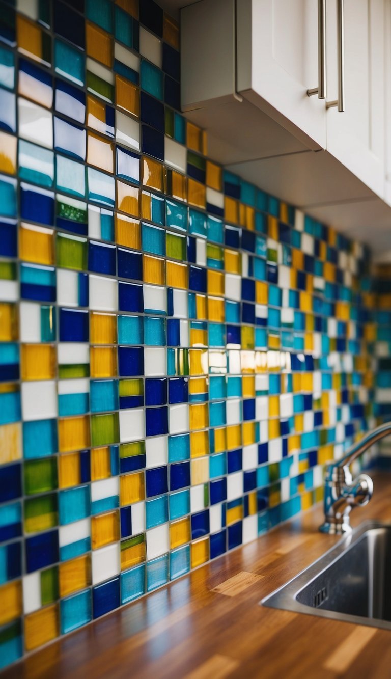 A mosaic of colorful recycled glass and ceramic tiles adorns a kitchen backsplash, reflecting light and adding a sustainable touch to the space