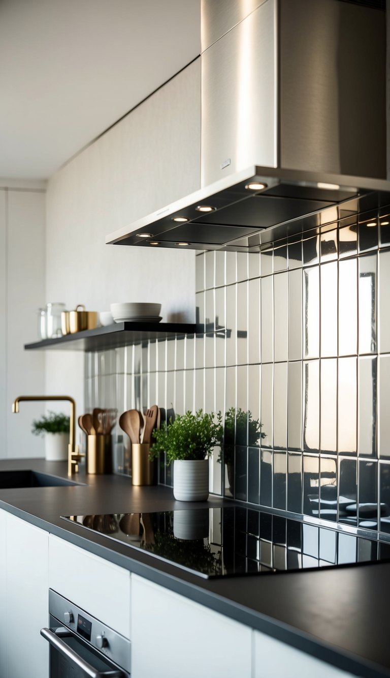 A modern kitchen with metallic backsplash tiles reflecting light and adding a sleek, contemporary touch to the space