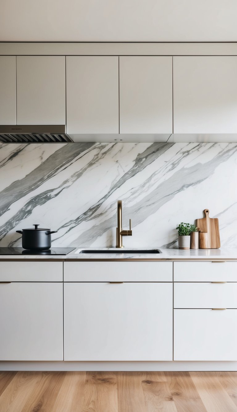 A sleek, modern kitchen with marble slab backsplash, featuring clean lines and elegant design