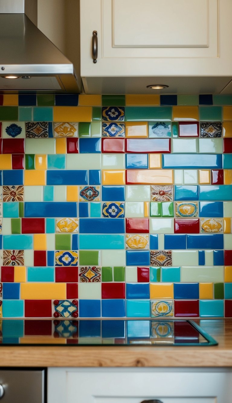 Colorful hand-painted tiles arranged in a mosaic pattern on a kitchen backsplash