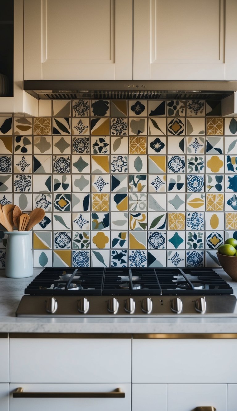 A close-up of a kitchen backsplash with patterned cement tiles in various colors and designs