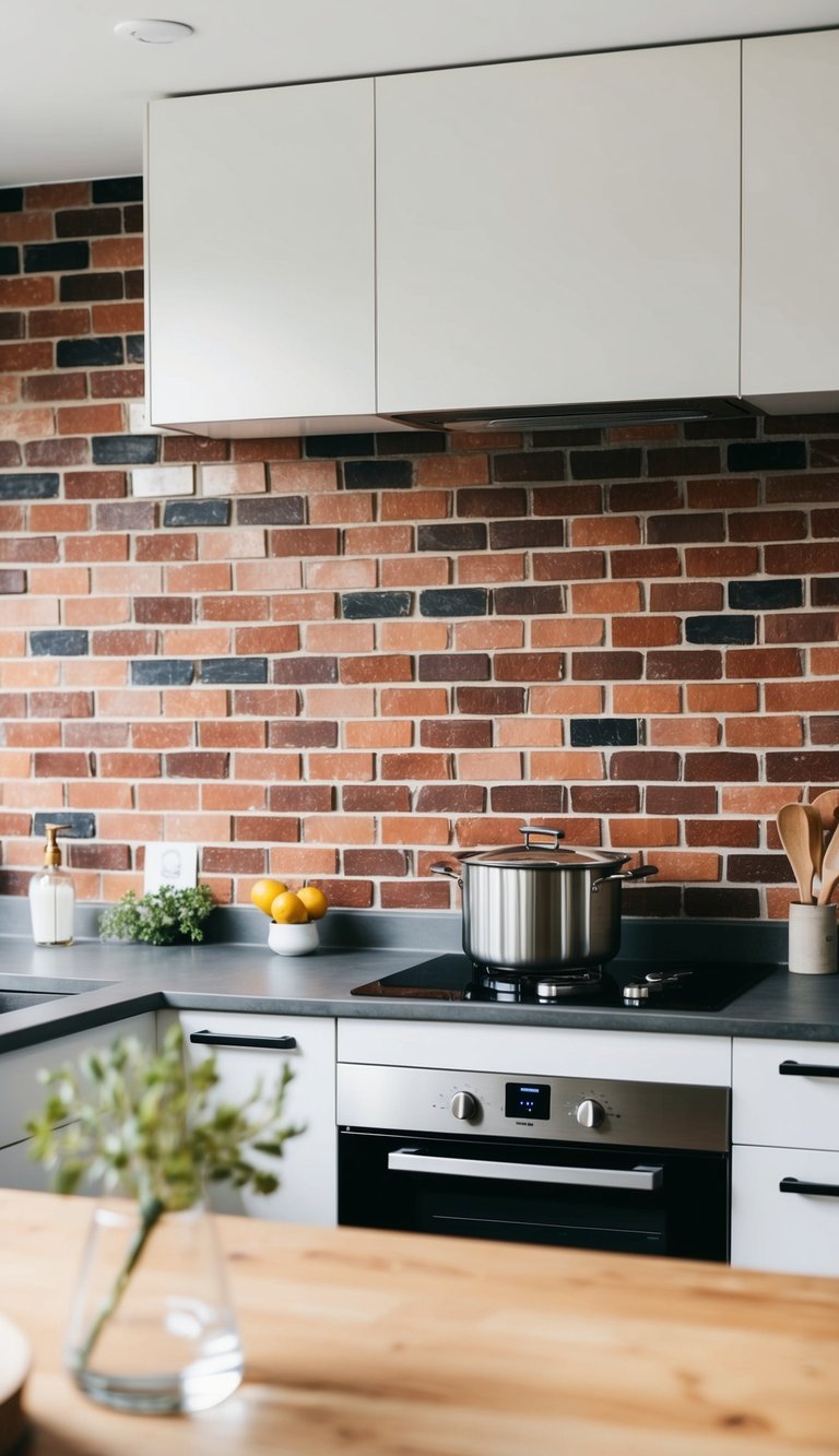 A modern kitchen with a brick veneer backsplash, featuring various design ideas