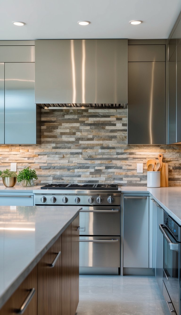 A modern kitchen with stone cladding backsplash, sleek countertops, and stainless steel appliances
