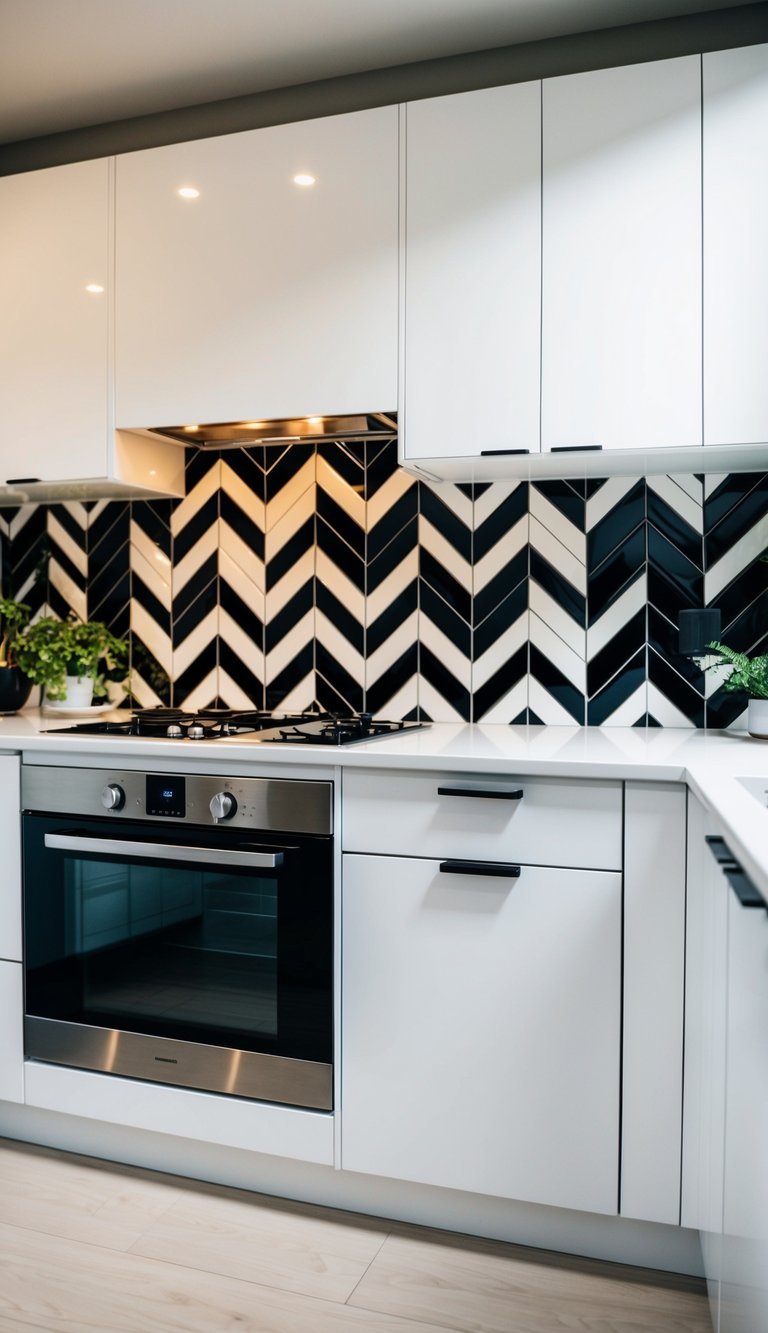 A modern kitchen with sleek white cabinets and a bold chevron patterned backsplash in black and white tiles