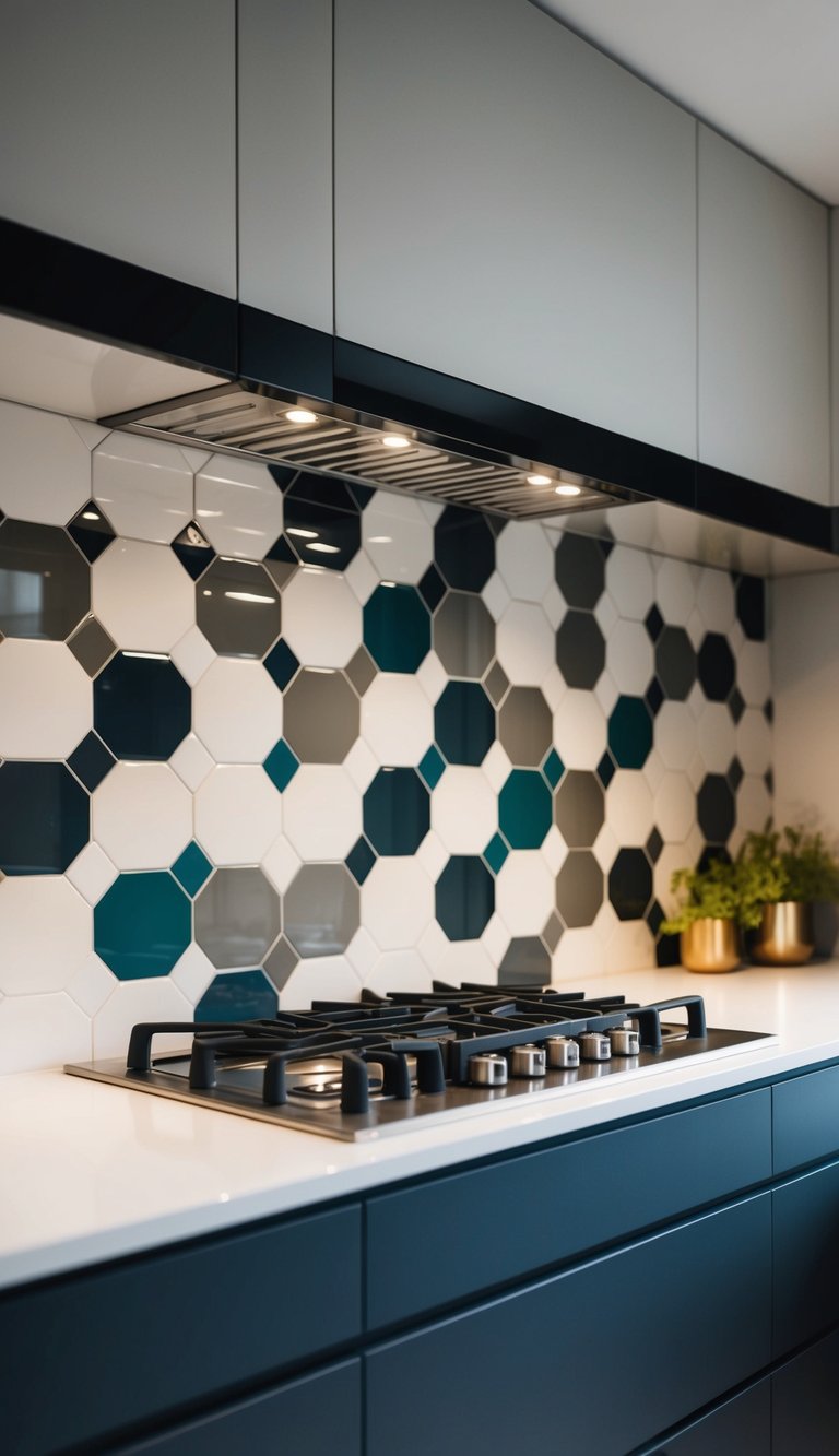 A modern kitchen with a sleek backsplash made of hexagon tiles in various shades, creating a geometric and contemporary design