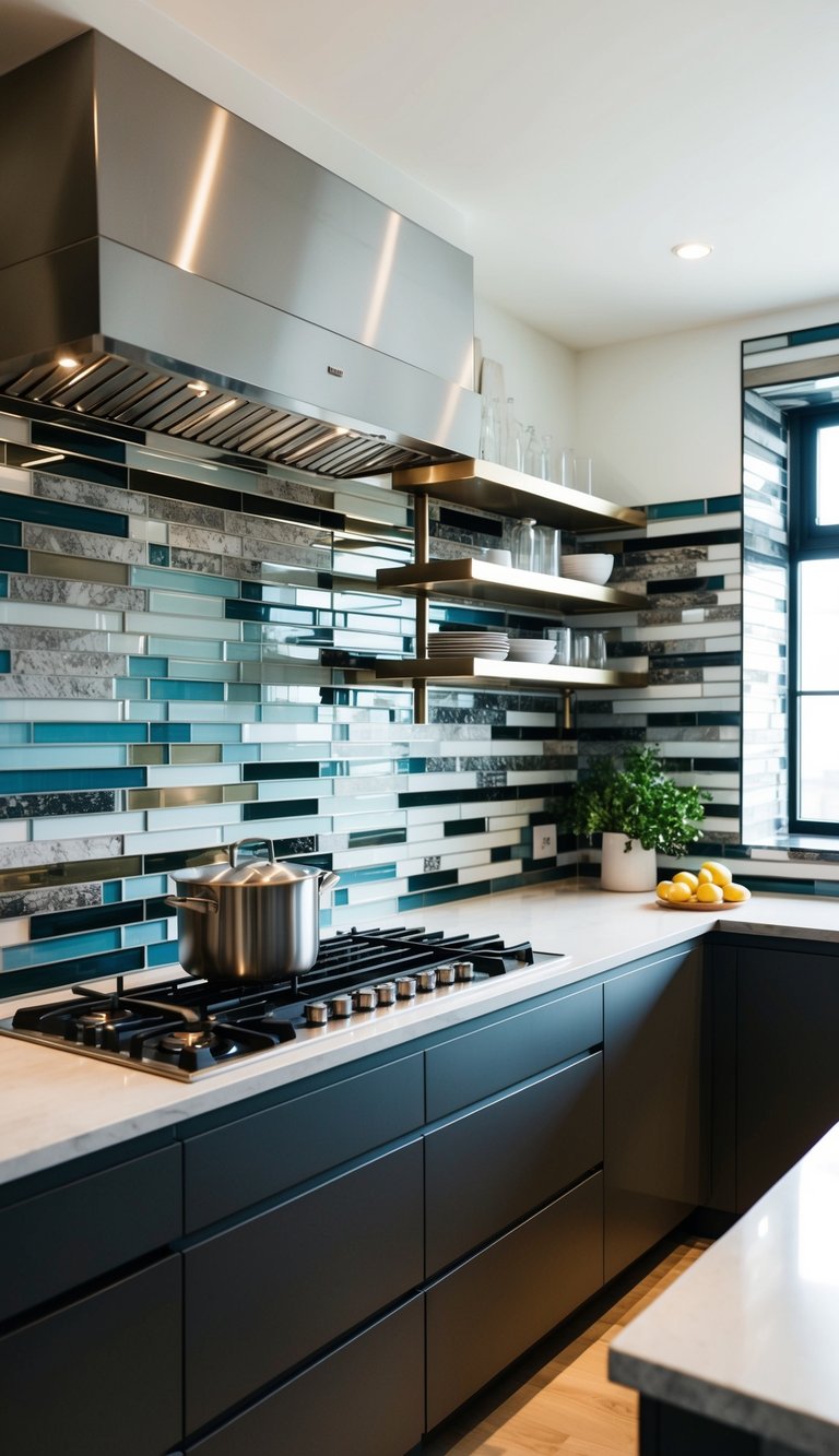 A modern kitchen with a variety of materials for the backsplash, including glass, stone, and metal, creating a unique and stylish design