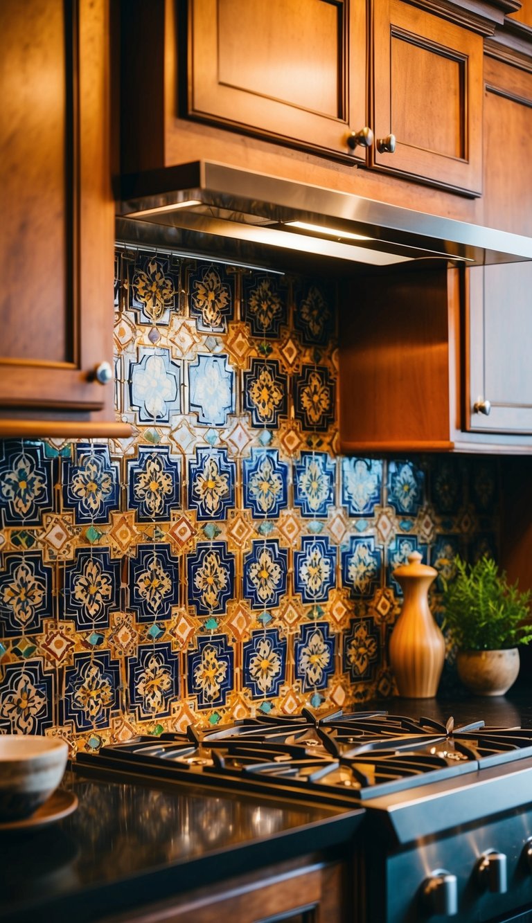 A vibrant mosaic of Moroccan-inspired tiles adorns a kitchen backsplash, featuring intricate geometric patterns and rich, earthy colors