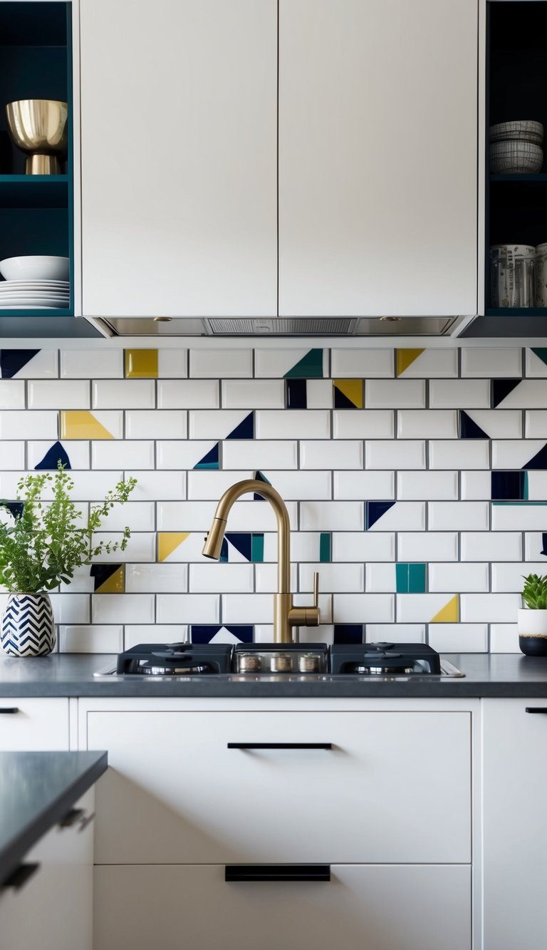 A modern kitchen with a sleek, white subway tile backsplash accented with pops of color in the form of geometric, patterned tiles