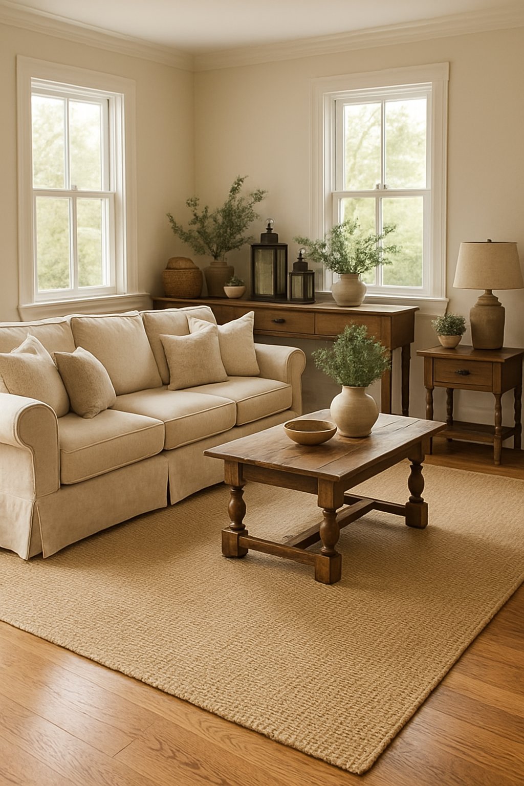 Living room with flax-colored rug and wooden coffee table