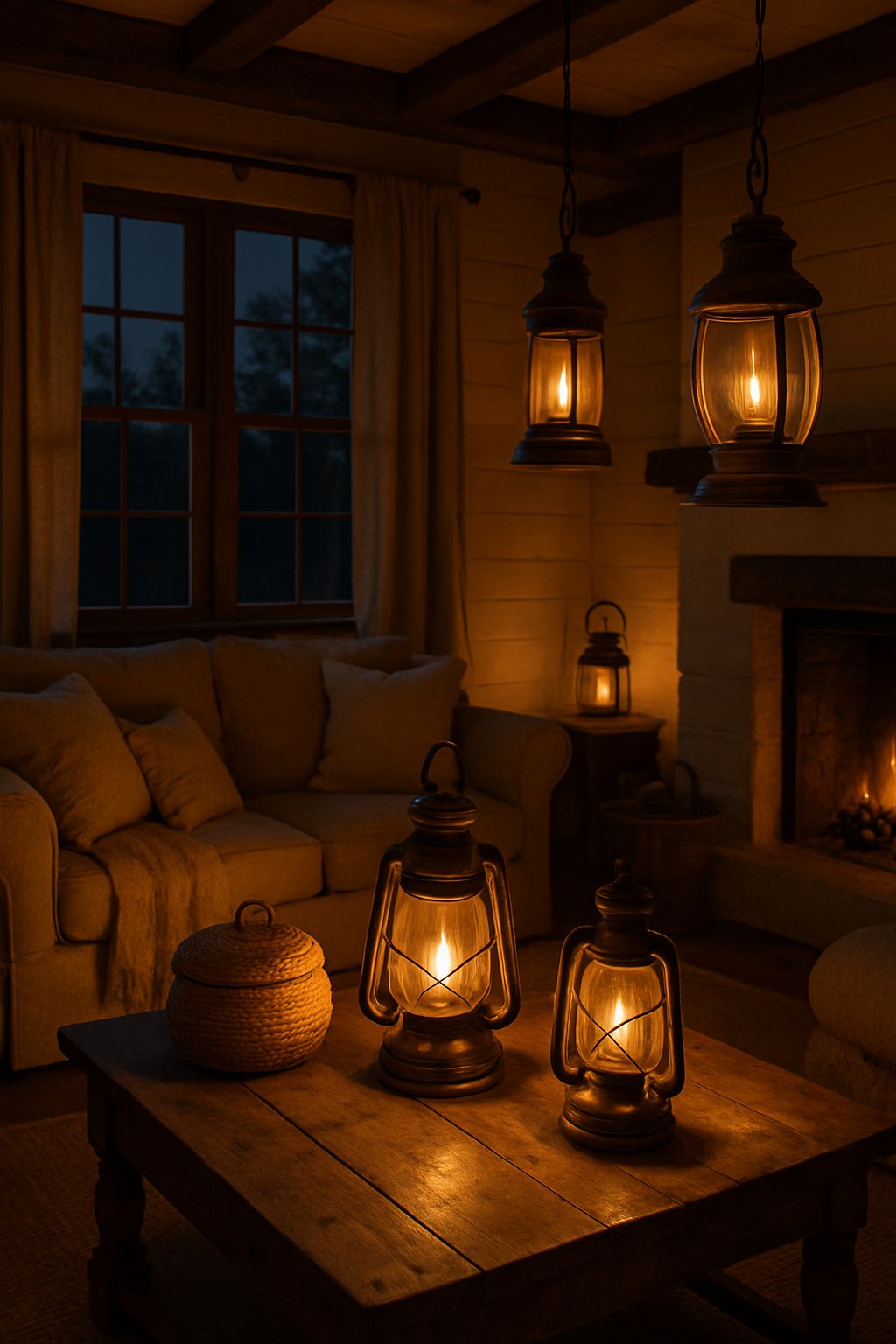 Living room glowing with antique brass lanterns and rustic furniture