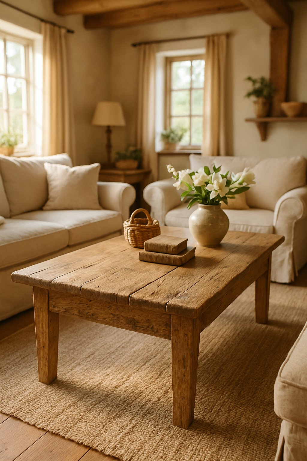 Distressed oak coffee table in cozy living room