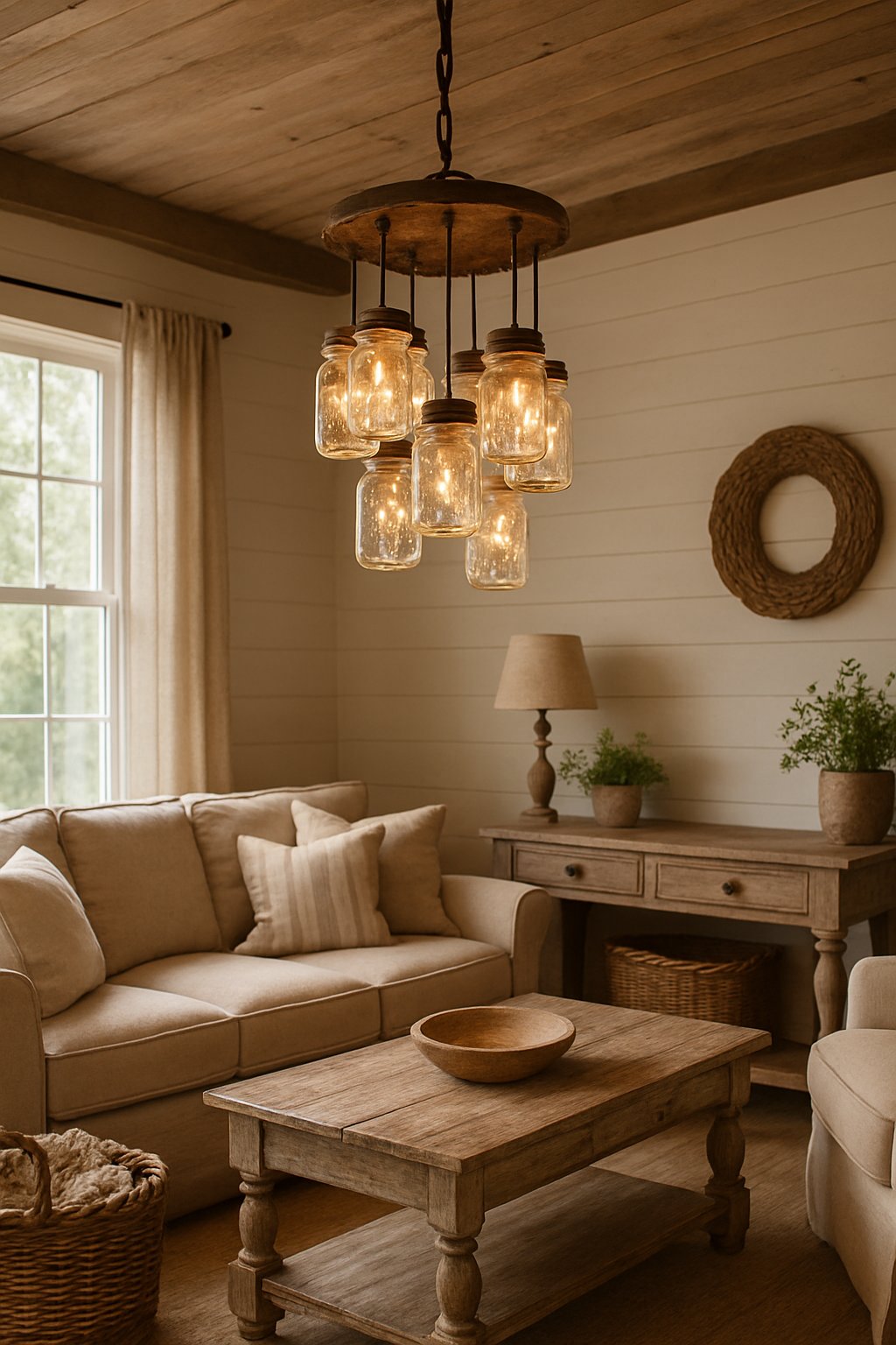 Mason jar chandelier hanging in cozy living room