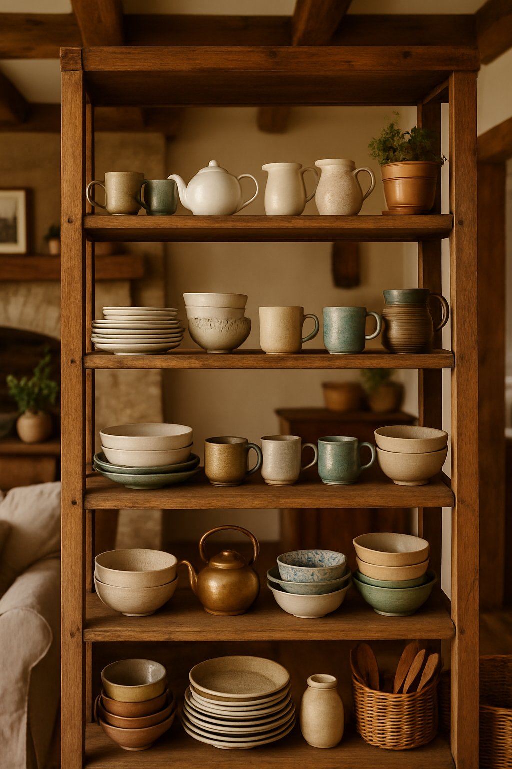 Open wooden shelves with mismatched plates and mugs