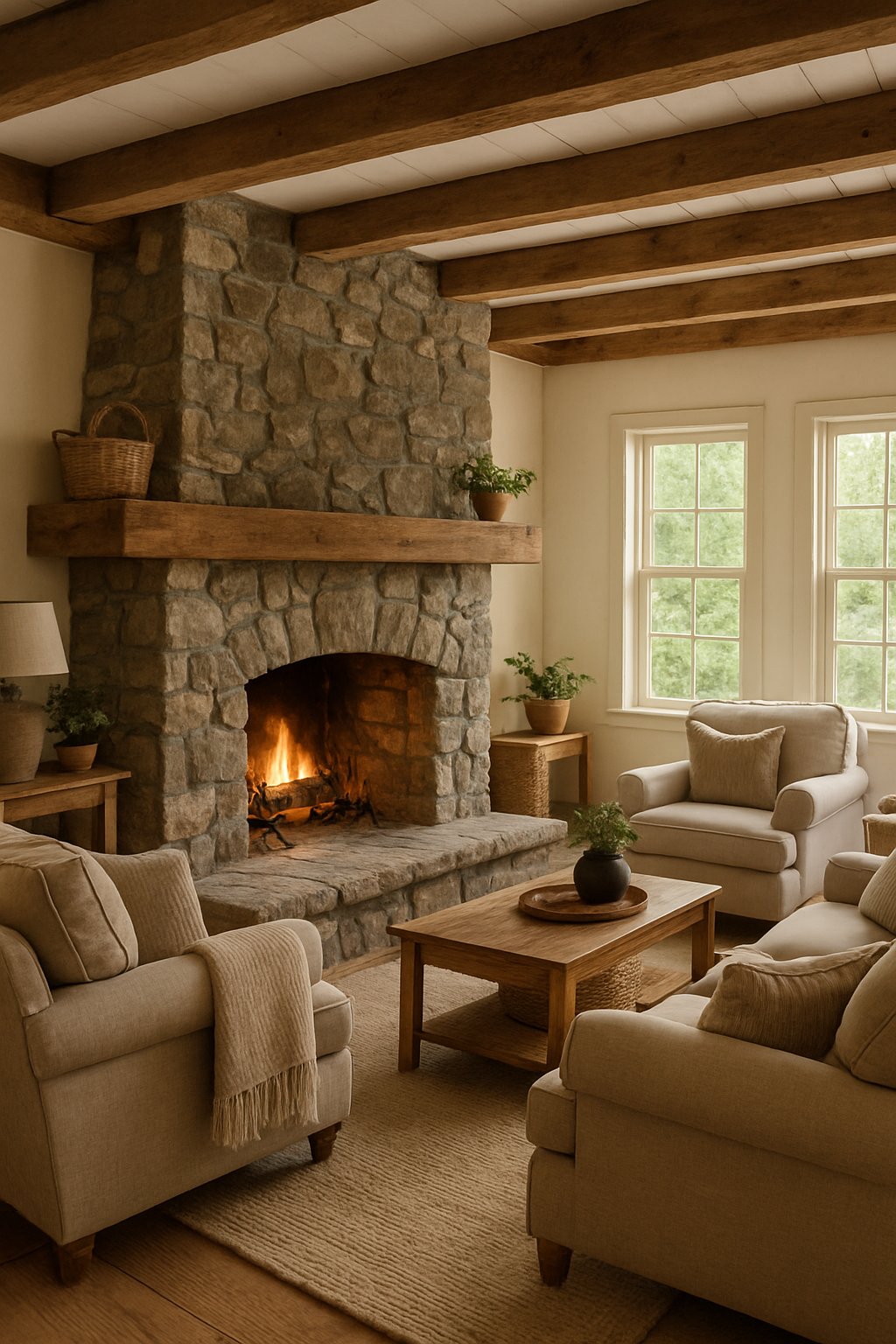 Cozy living room with large stone fireplace