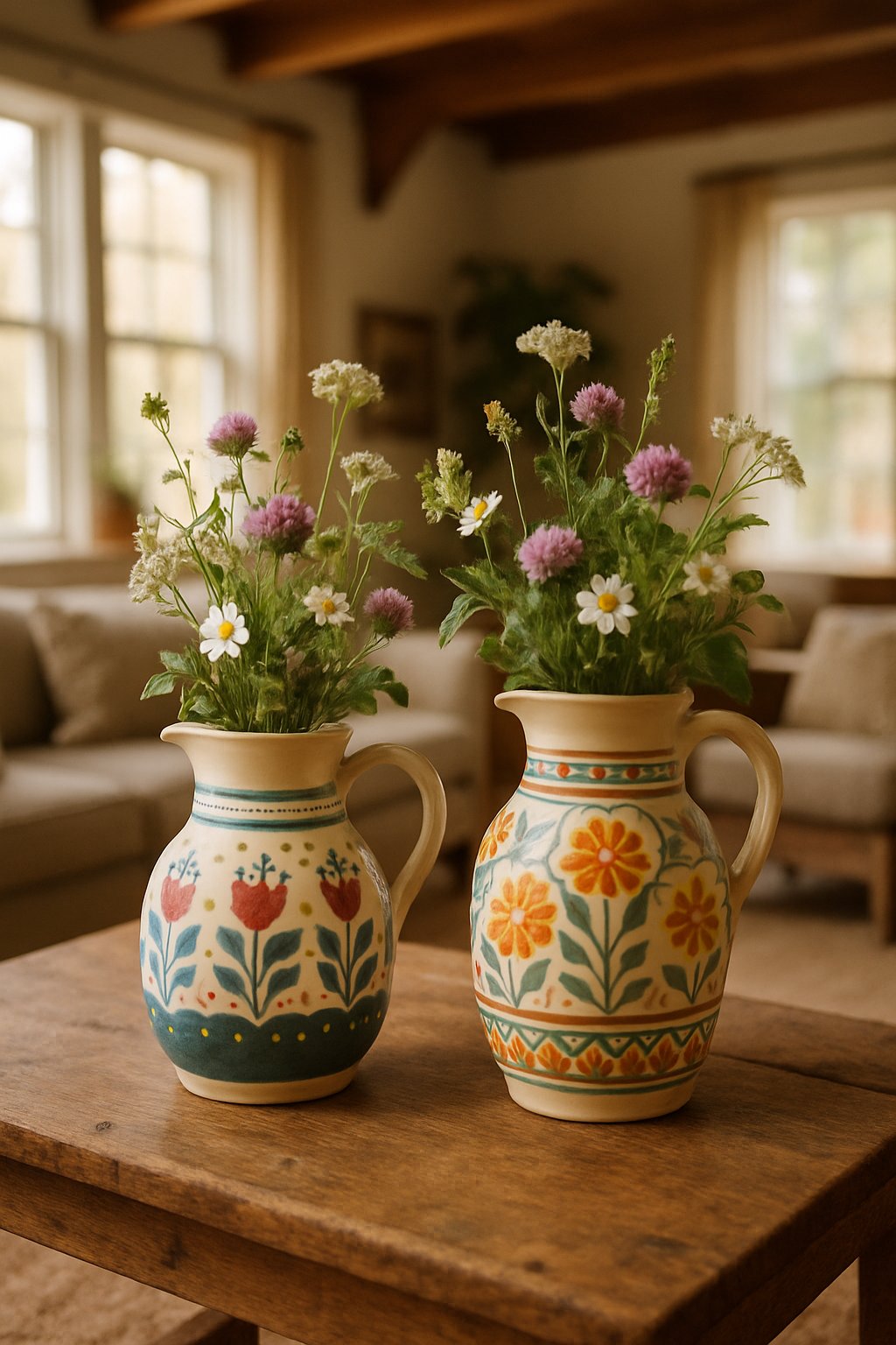 Hand-painted ceramic pitchers holding flowers on wooden table