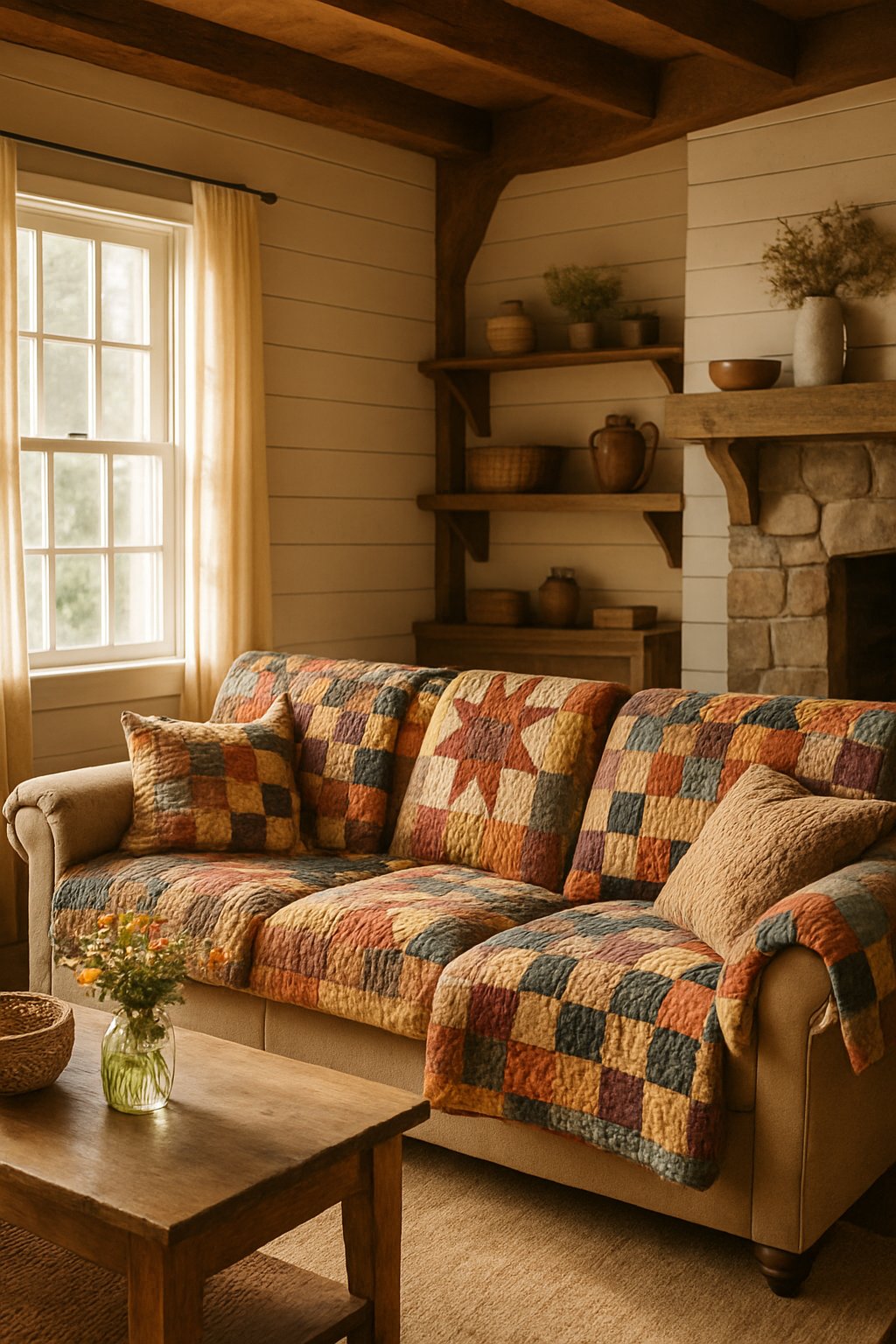 Couch covered with colorful patchwork quilts in cozy living room