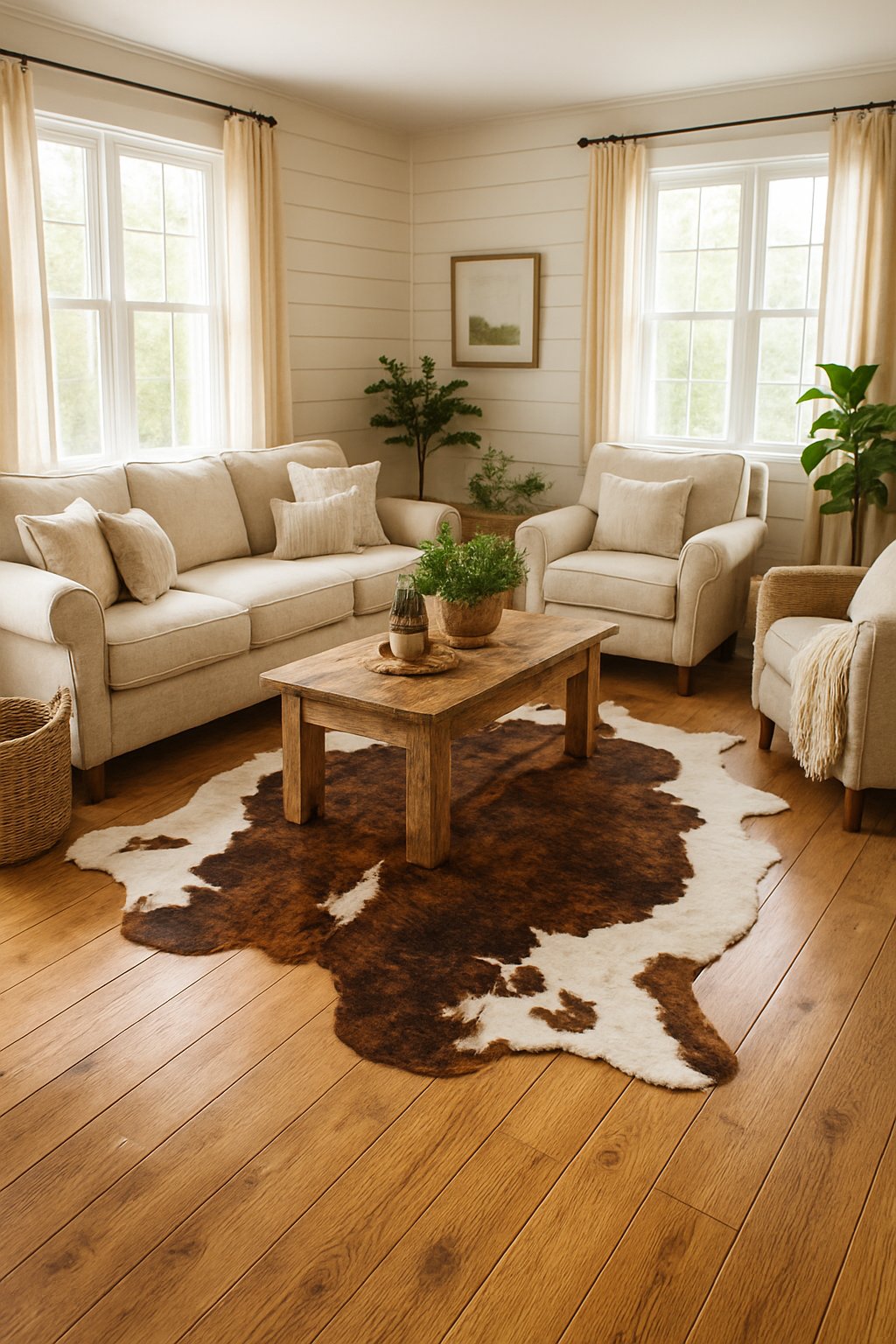 Farmhouse living room with cowhide rug on wooden floor