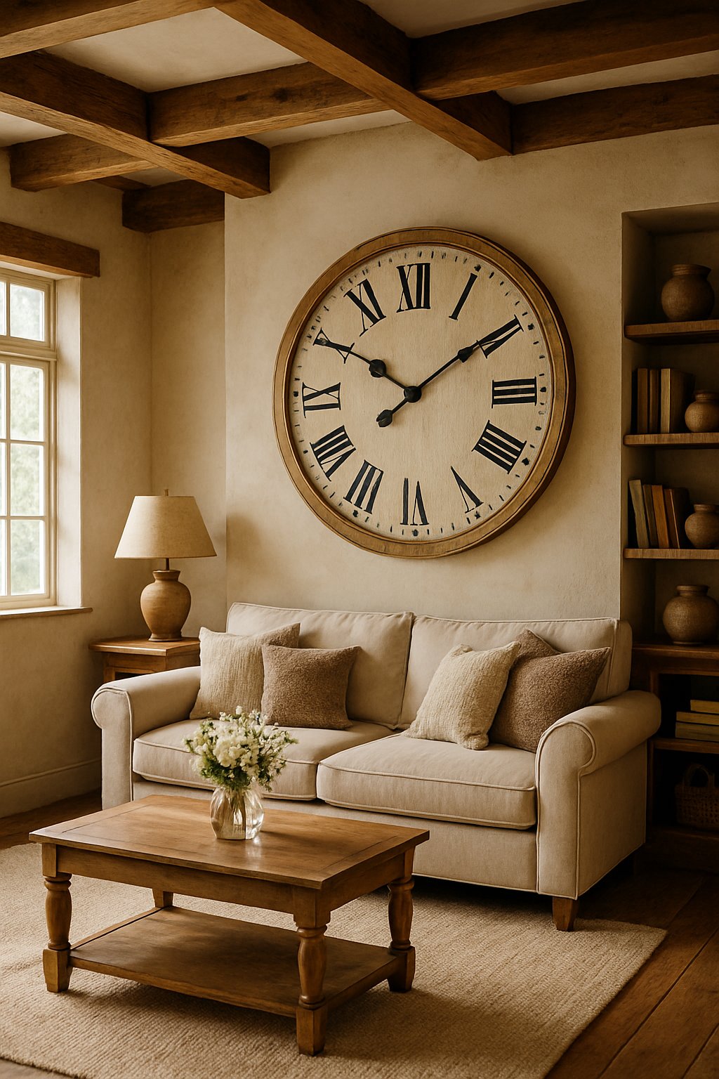 Large wall clock with Roman numerals above sofa