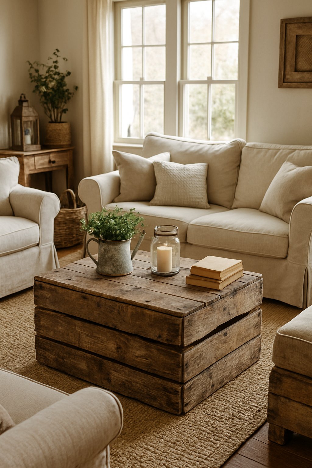 Weathered wooden crates used as tables in living room