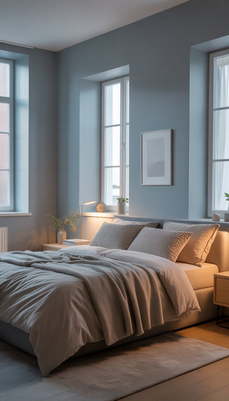 Bedroom with dove grey walls, natural light, wooden nightstand, and light hardwood floors.