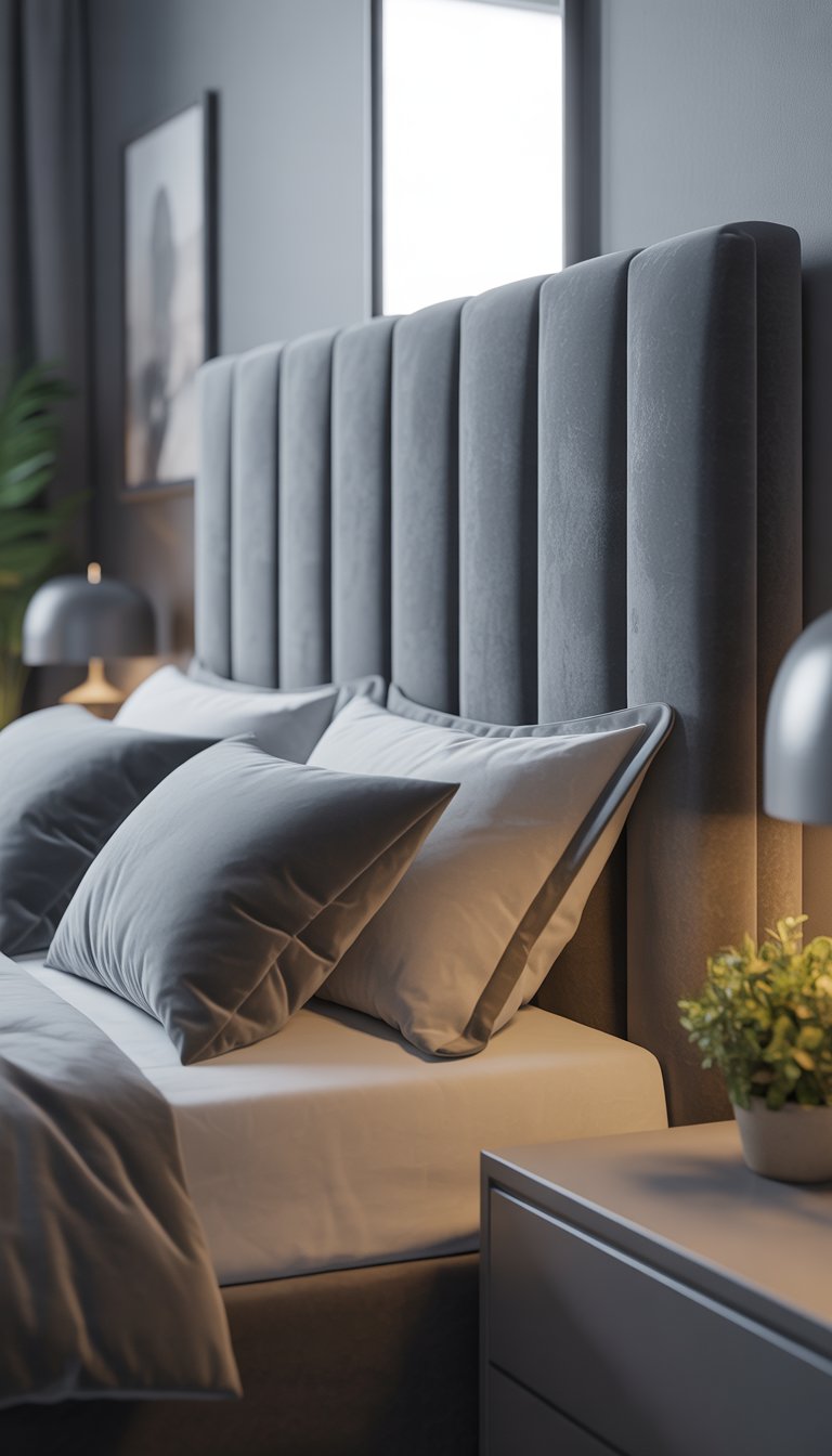 Bedroom with grey velvet headboard, bedside lamp, and plant near window.