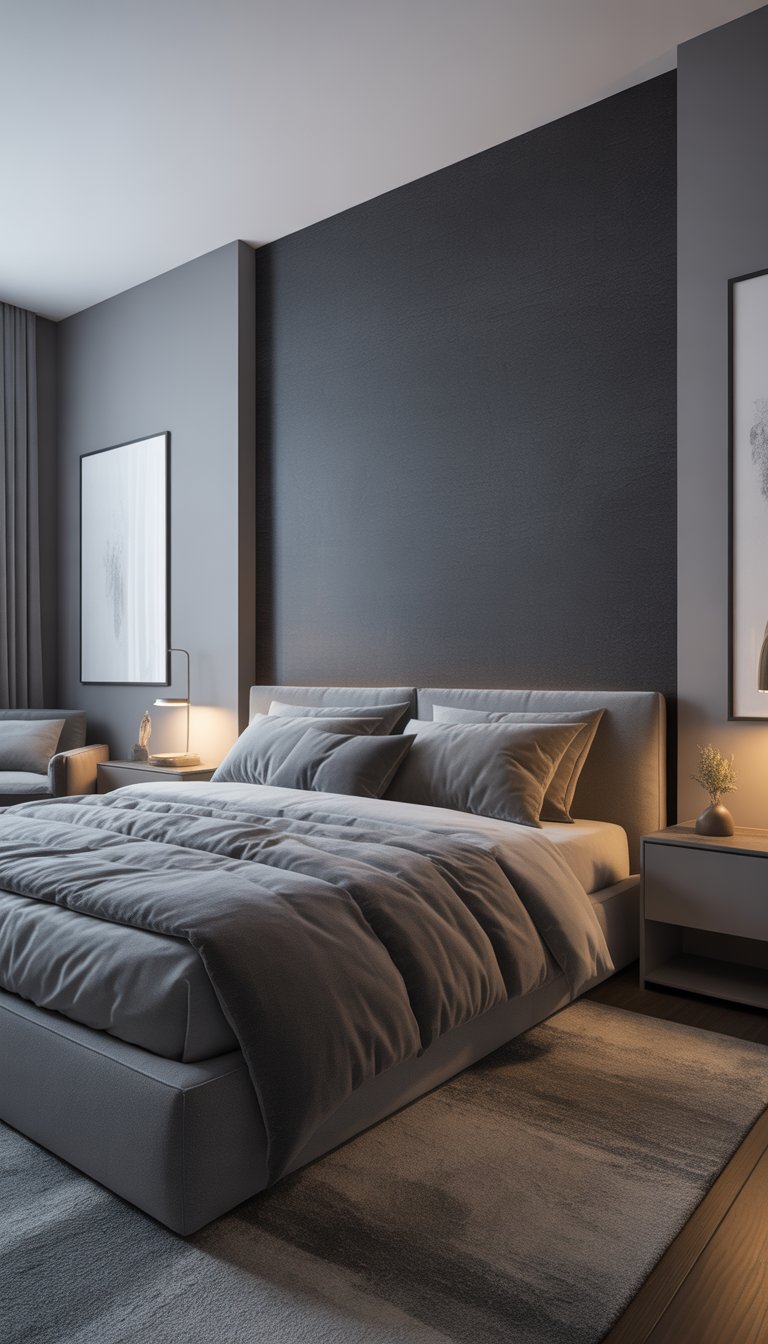 Modern bedroom with charcoal accent wall, grey bedding, wooden floor, and sheer curtains.