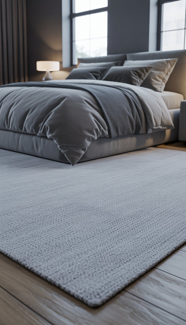 Bedroom with light grey wool rug, grey bedding, nightstand, and natural light.