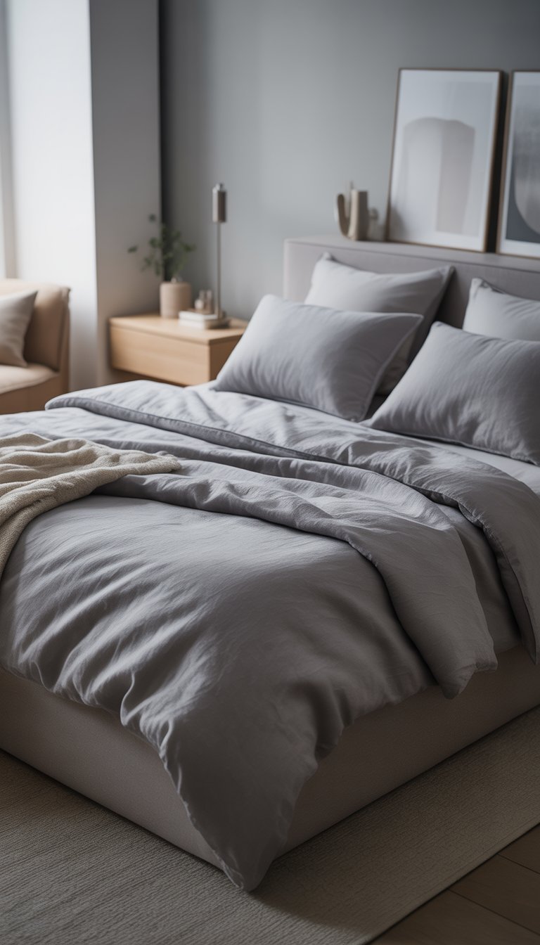 Bed with grey linen bedding, soft lighting, and minimal decor.