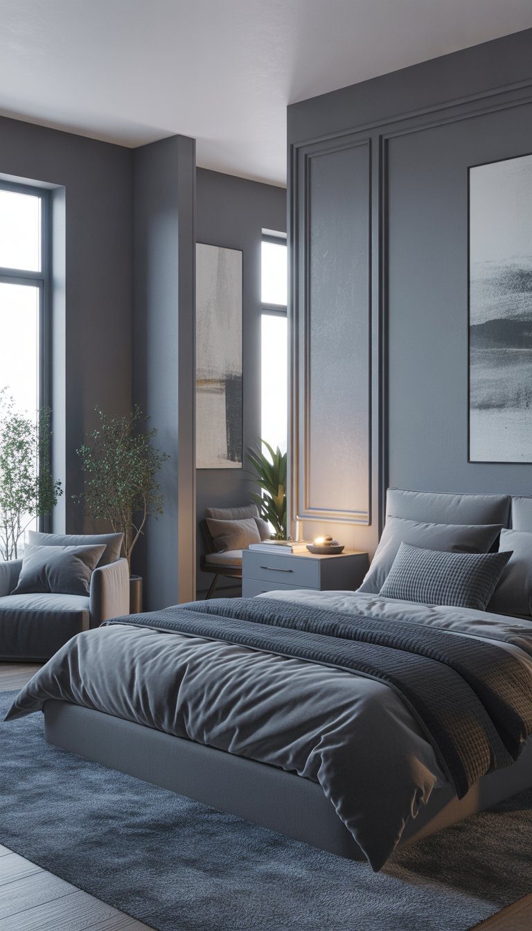 Bedroom with matte grey walls, grey bedding, nightstand, and armchair.