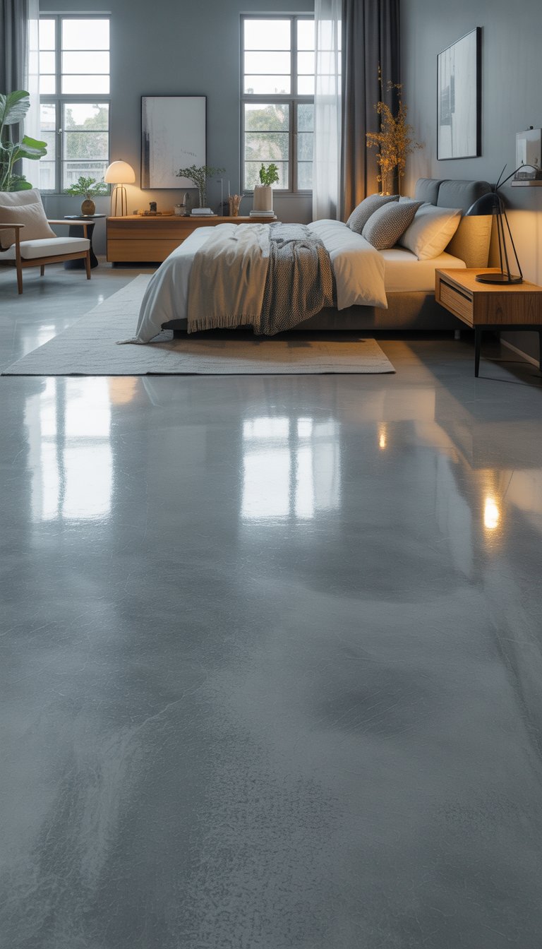 Modern bedroom with polished grey concrete floors, neutral linens, and minimalist furniture.