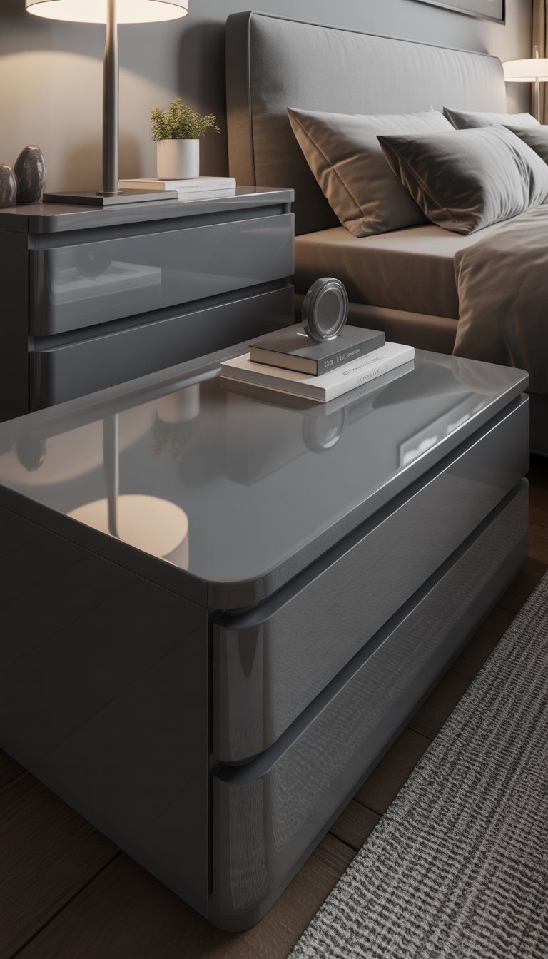 Bedroom with glossy grey nightstands, lamps, and plants.