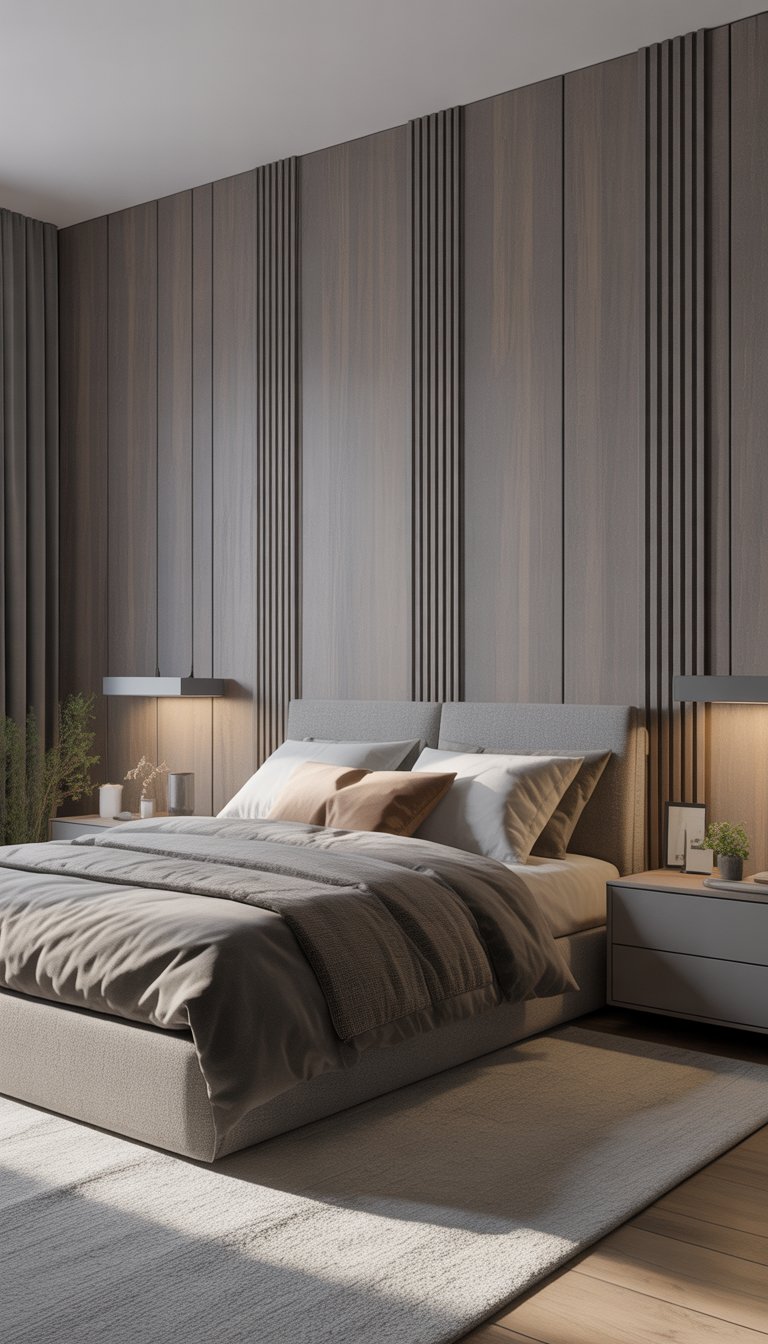 Bedroom with grey wood paneled walls, neutral bedding, and soft lighting.
