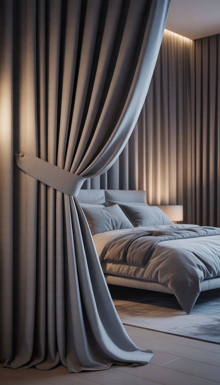 Bedroom with layered grey curtains, grey bedding, and minimalist furniture.