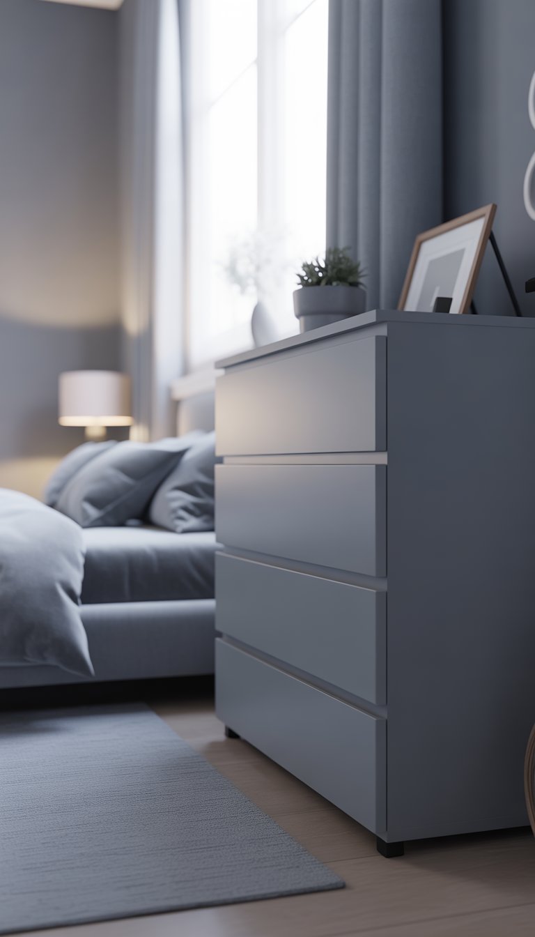 Sleek grey dresser with plant and rug in bedroom.