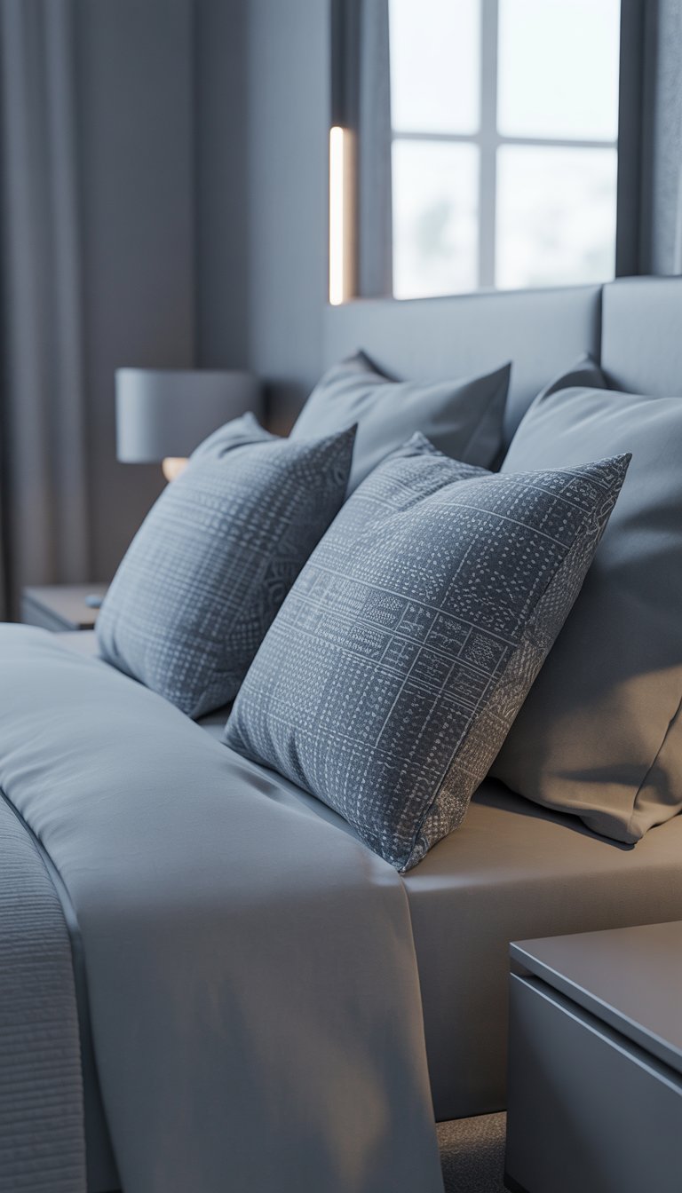 Bed with grey patterned throw pillows.