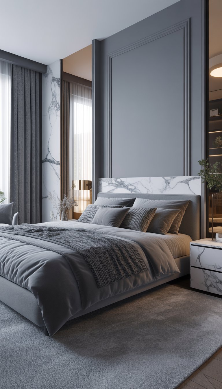Bedroom with grey walls and marble accents, minimalist furniture.