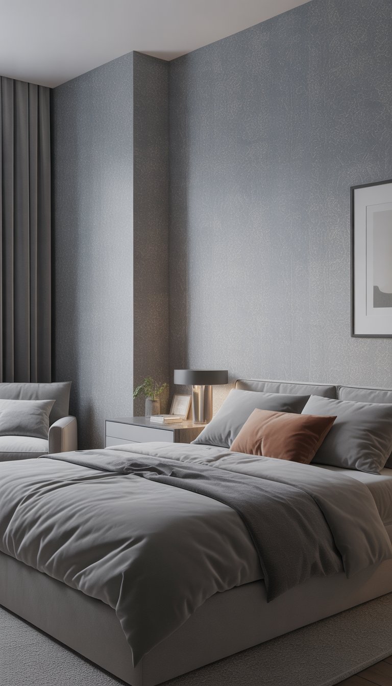 Bedroom with subtle grey wallpaper and grey linens.