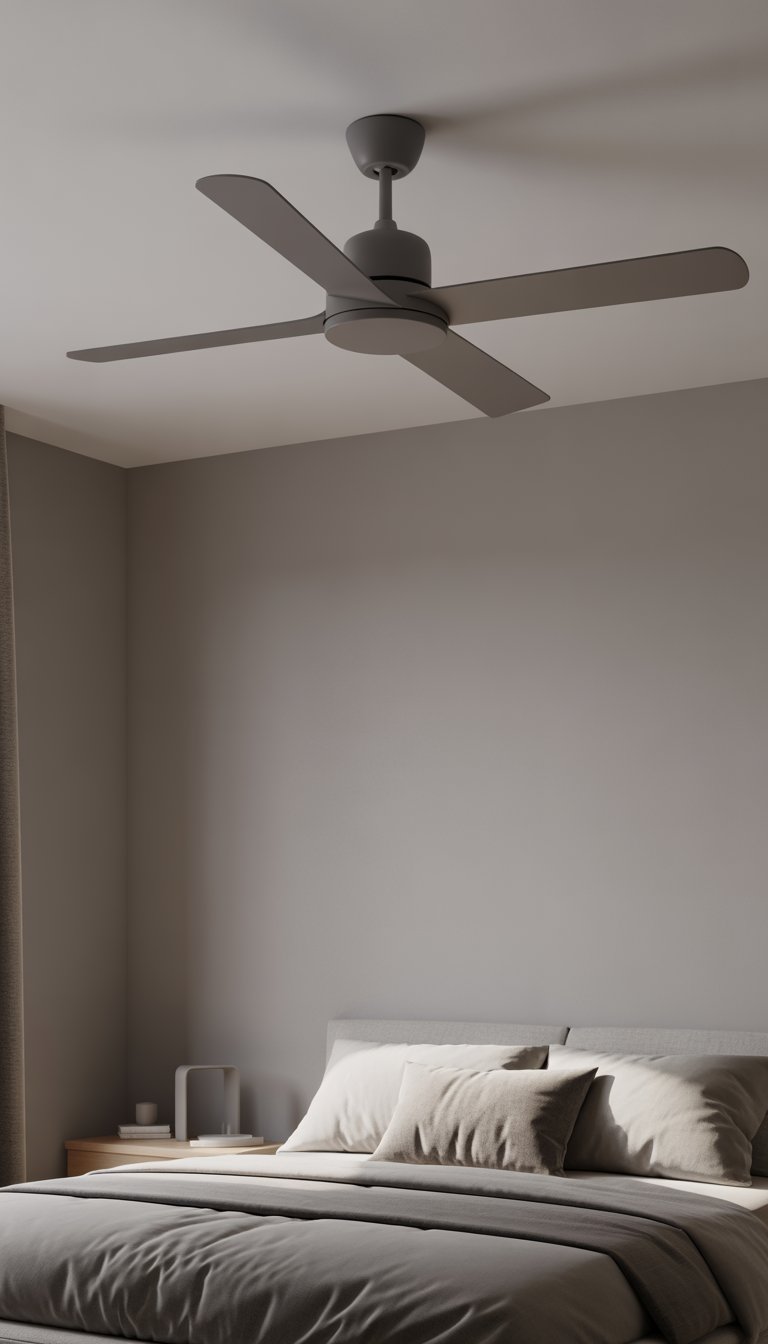 Bedroom with minimalist grey ceiling fan and grey bedding.