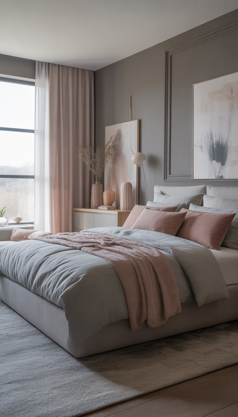 Bedroom with grey walls and blush curtains and accents.