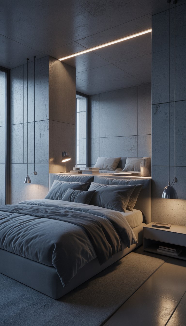 Bedroom with industrial grey lighting and natural light.