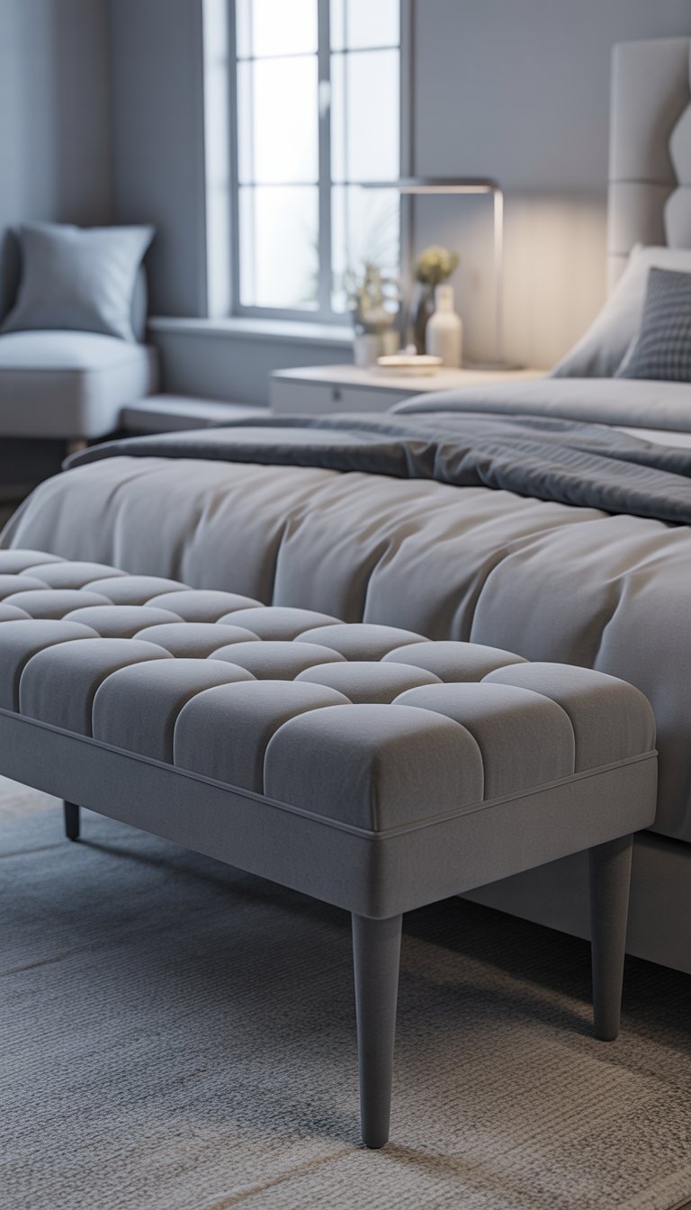 Grey tufted bench at foot of bed.