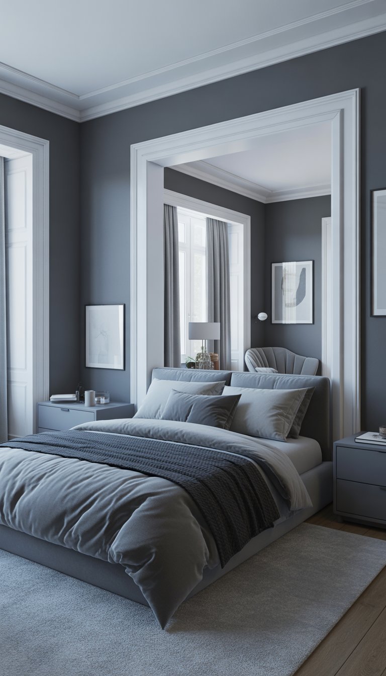 Bedroom with white trim and grey walls.