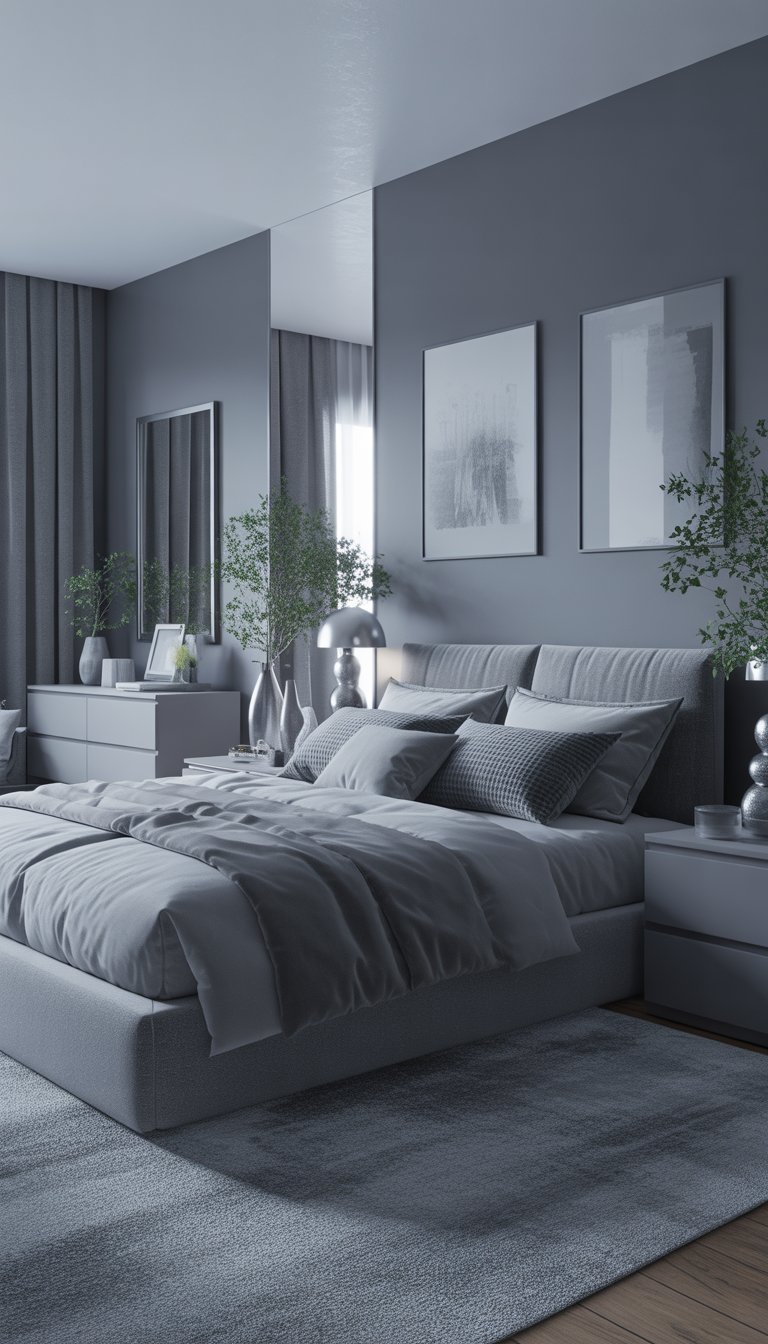 Bedroom with grey gallery wall featuring various grey artworks.