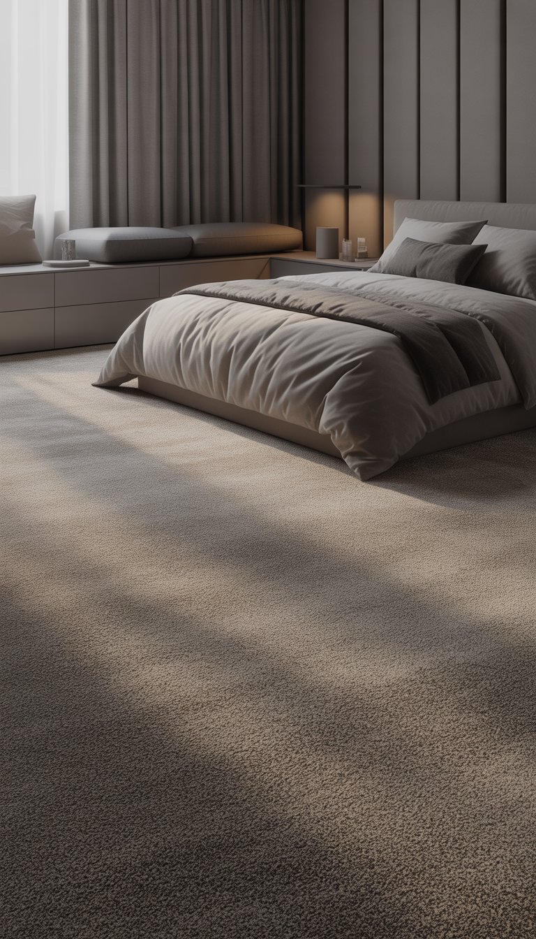 Bedroom with warm grey carpet, grey walls, and sheer curtains.
