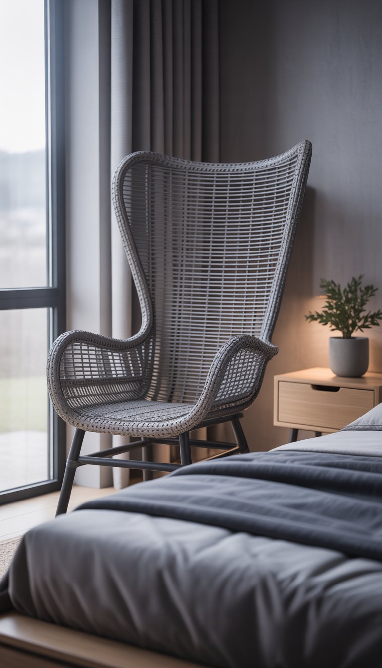 Grey rattan chair in bedroom with natural light.