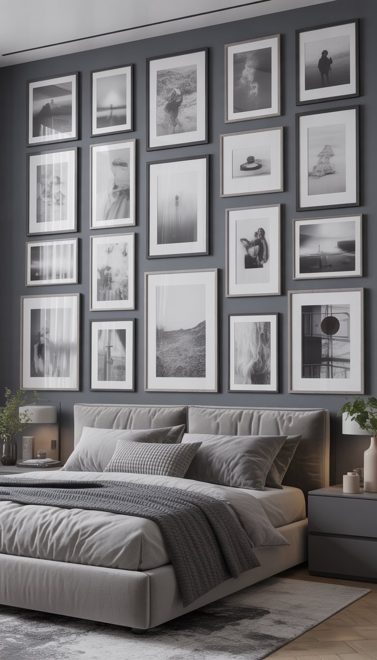 Bedroom with large grey gallery wall featuring framed artworks.