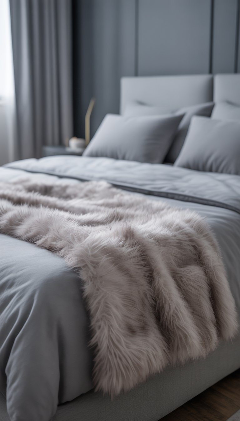 Bed with light grey faux fur throw.