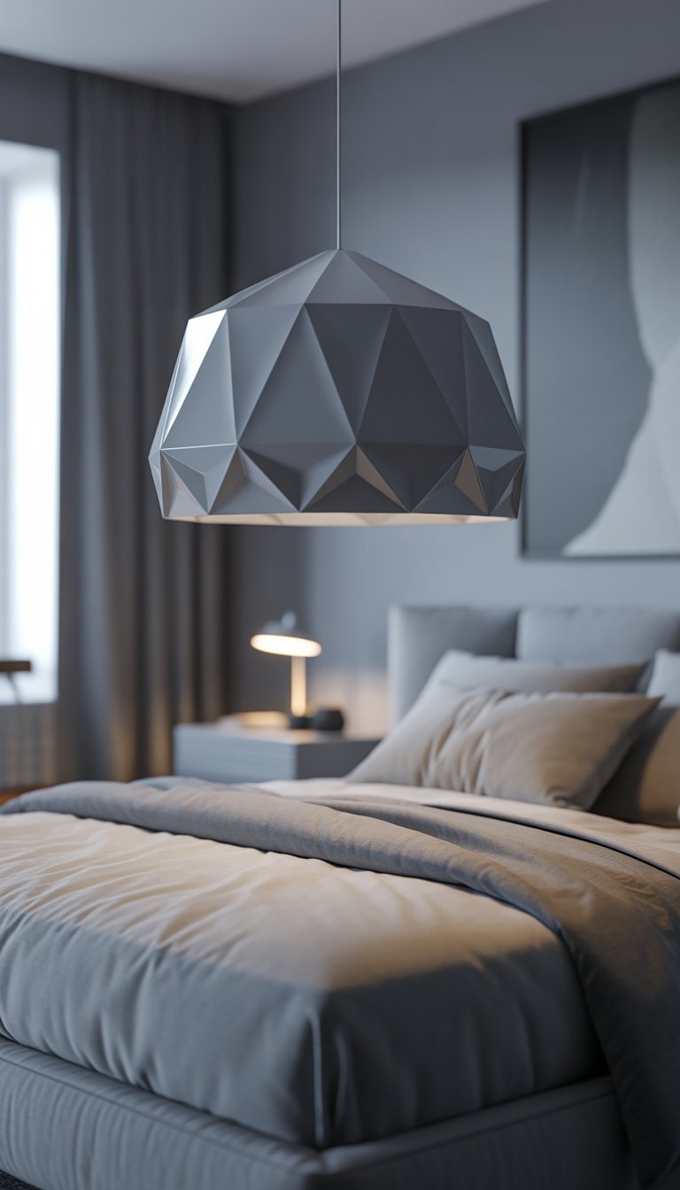Bedroom with grey geometric pendant light above bed.