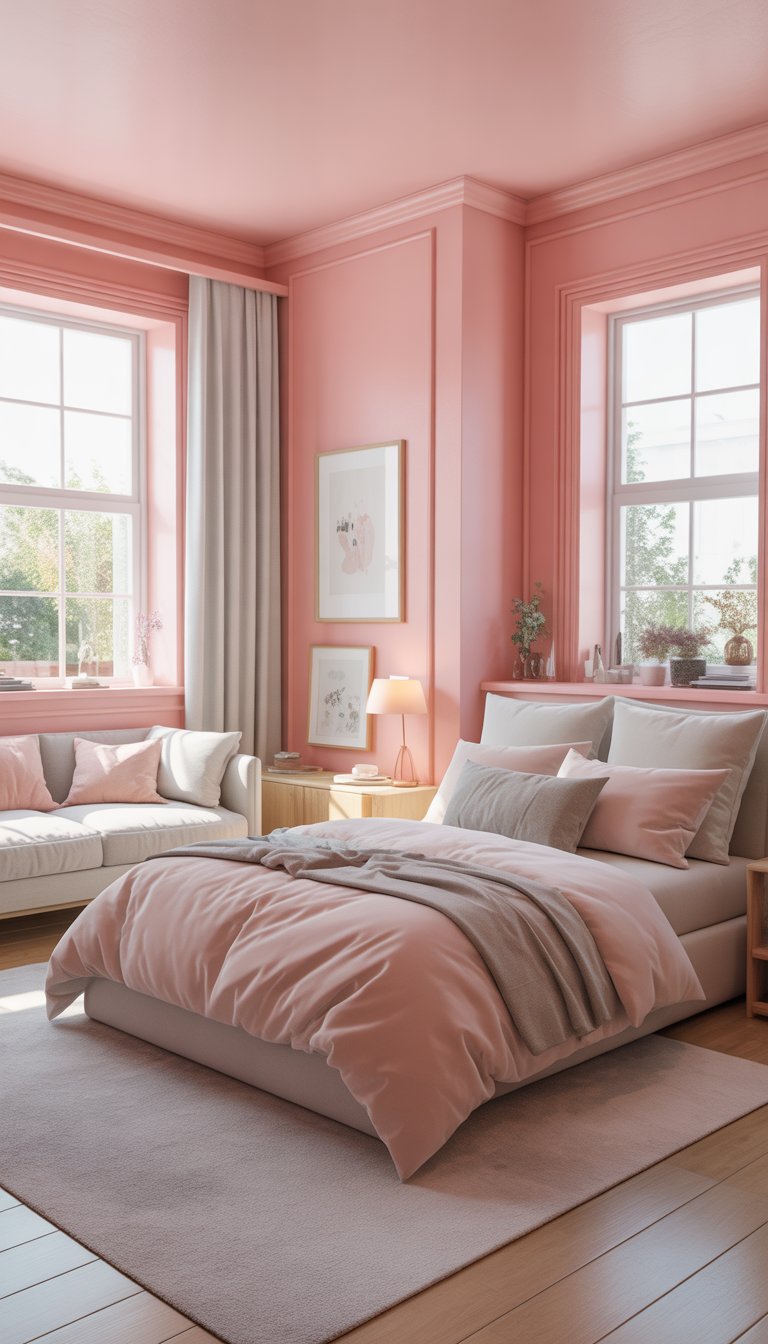 Bedroom with pastel pink walls and white trim, featuring bed, window, and plants.